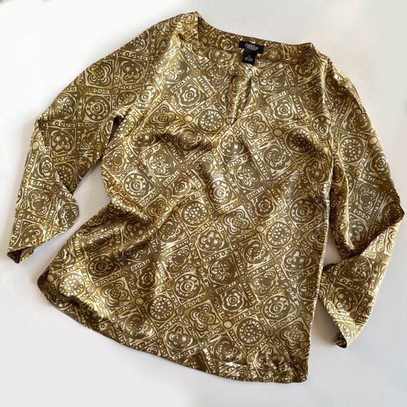 Pech & Peck 100% Silk Vintage Blouse Gold Geometric Print, 3/4 Sleeve, Size 6 - Picture 6 of 6